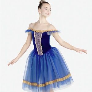 Costume by Revolution Dancewear SUITE BLUE AND GOLD PRINCESS